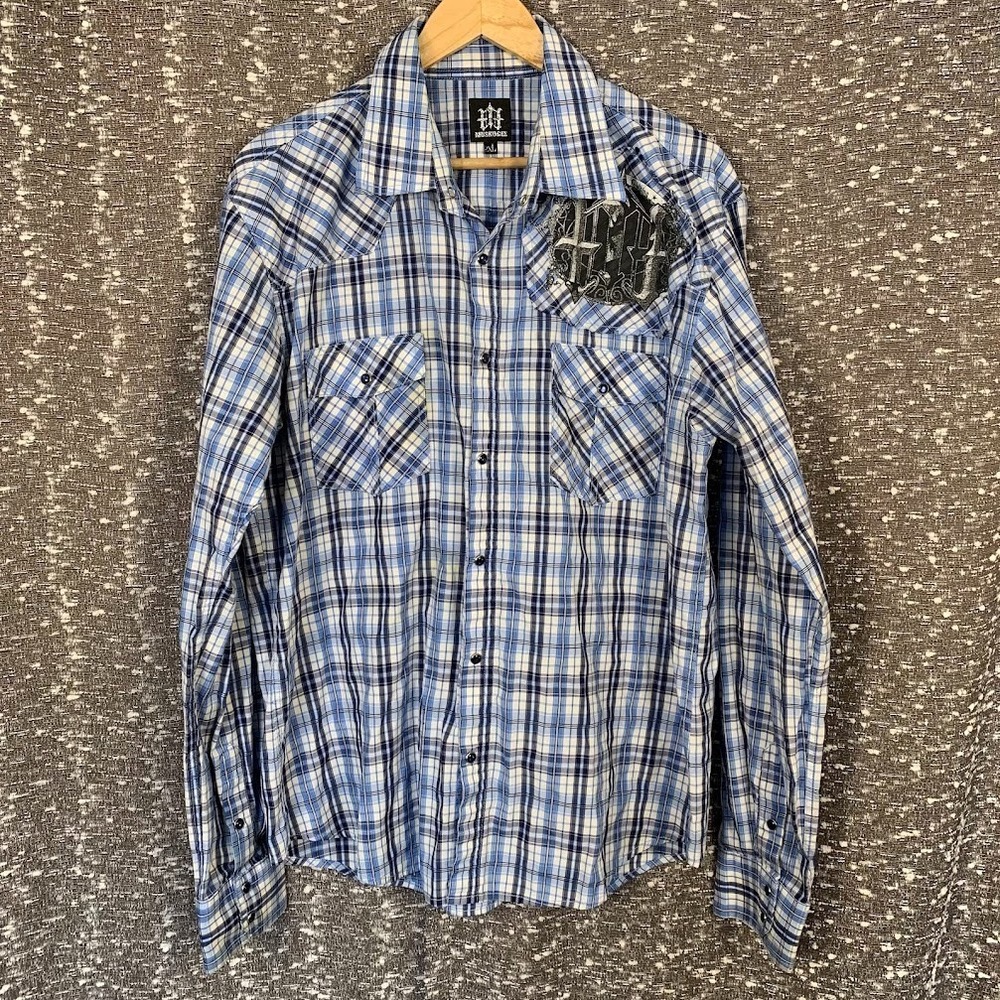 Muskogee Western Pearl Snap Shirt Blue Plaid Long Sleeve Men's‎ 2XL